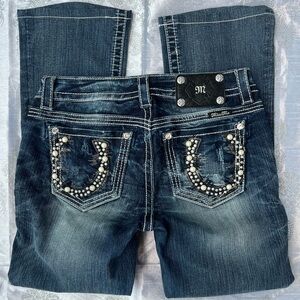 Miss Me Bootcut Jeans ~ in Dark Blue Wash with Faux Pearl, Rhinestone ~ Size 27